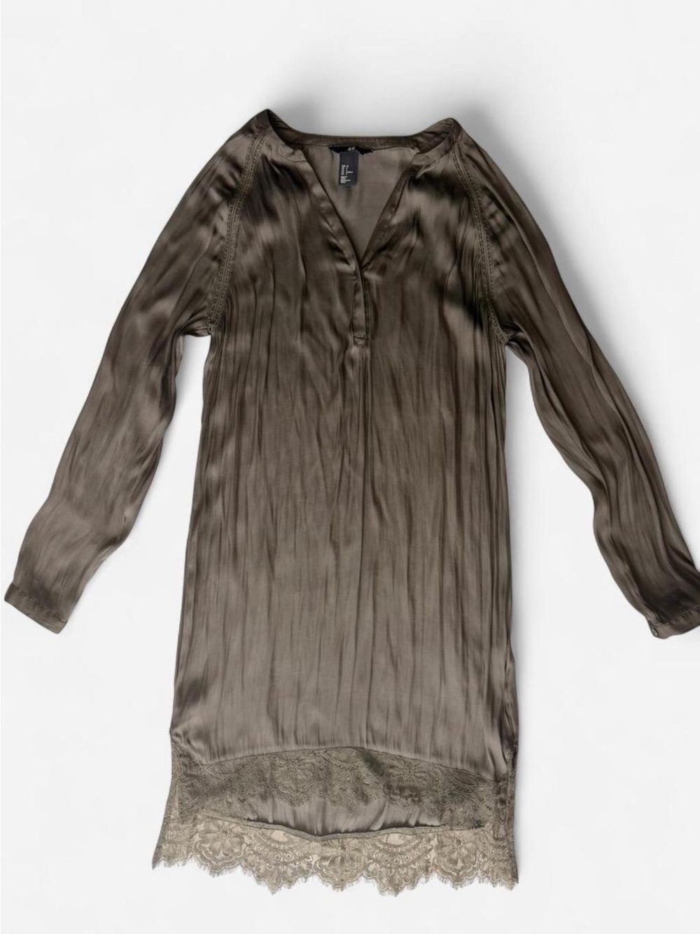 H&M Olive Satin Long-Sleeve Lace-Hem Dress